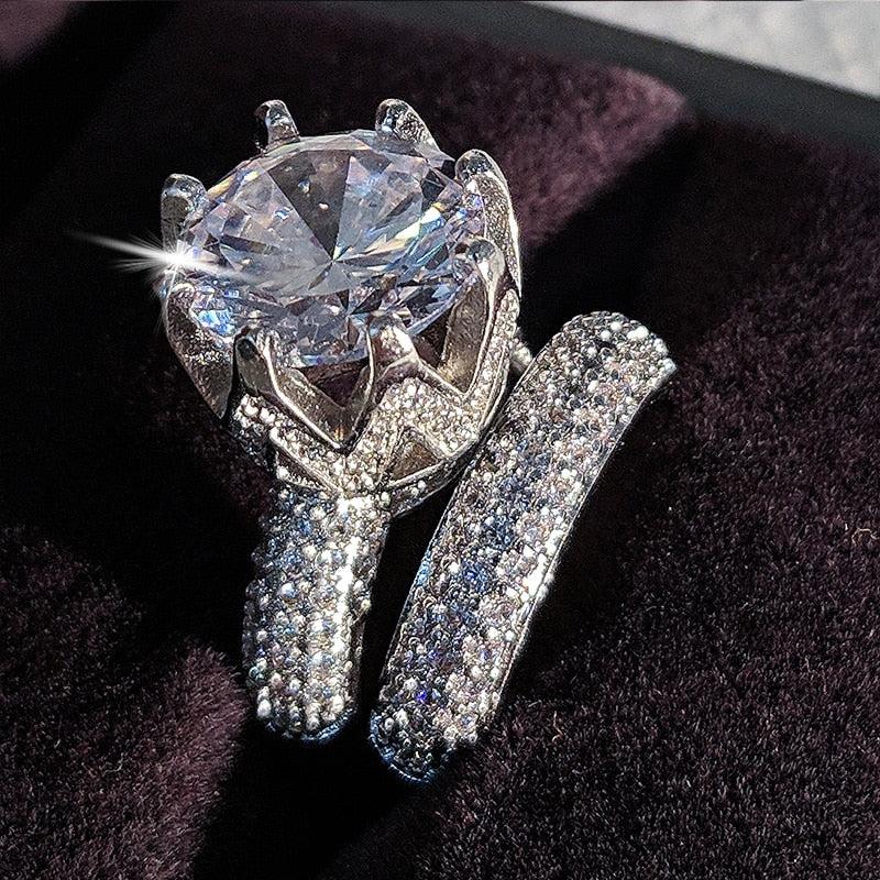 Luxury Zircon Original Sterling Silver Wedding Ring Set Bride Engagement Jewelry GiftX - Trendycomfy